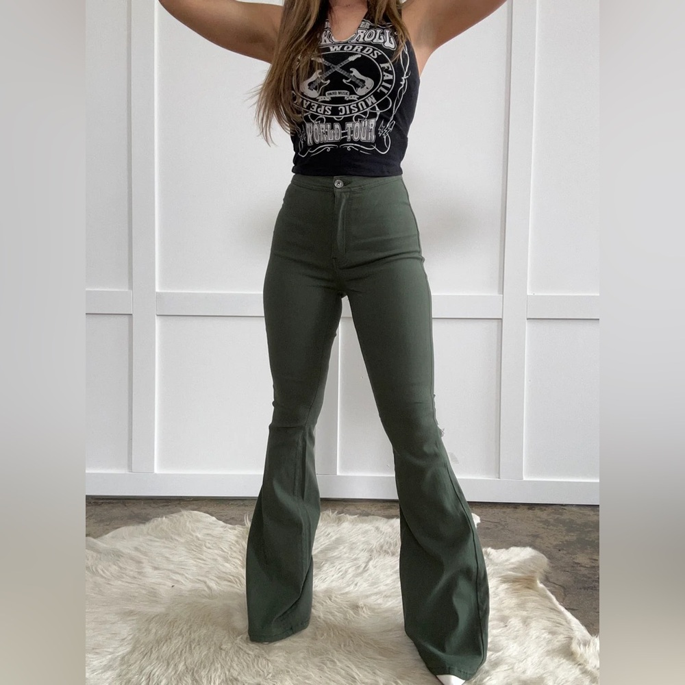 EUC High Waisted Bell Bottom Flare Jeans - Olive